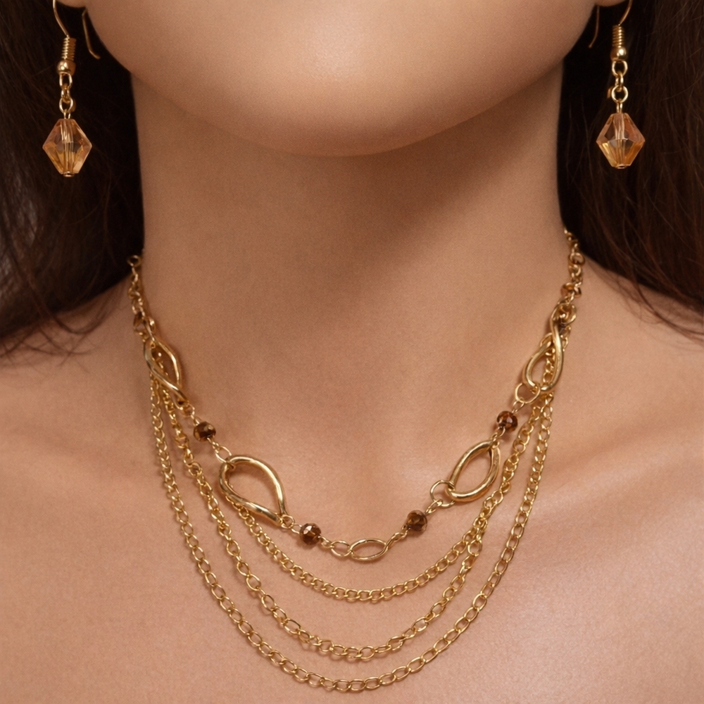 Women's Gold Tone Layered Hoop Design Beaded Necklace w/ Matching Earrings